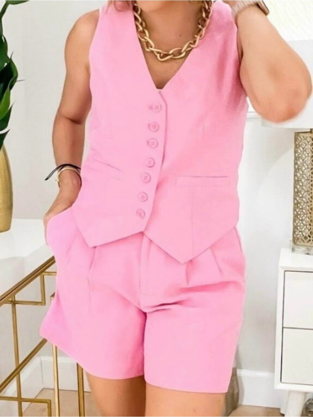 Sleeveless Pink Button Vest & Shorts Set - Women